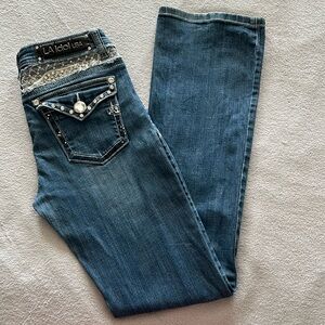 LA Idol | Womens Studded Rhinestone Boot Cut Jeans w/ Mesh & Embroidery- Size 9